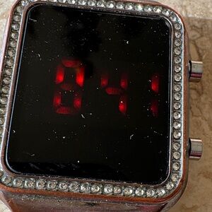 Digital LED Watch with Rhinestone Bezel - Black and Silver